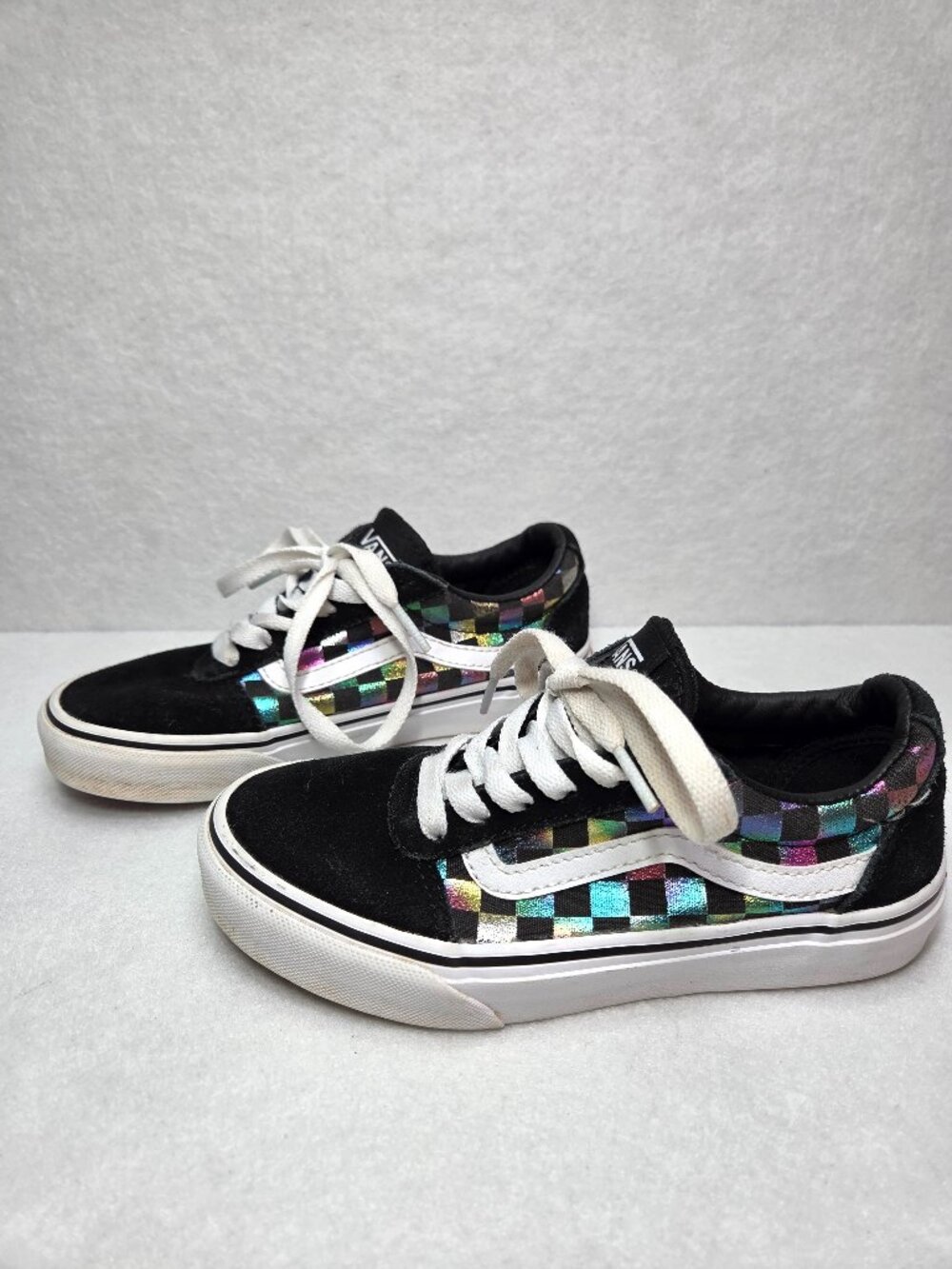 Vans Old Skool Girls Youth 1 Black Iridescent Checkerboard Skate Sneakers